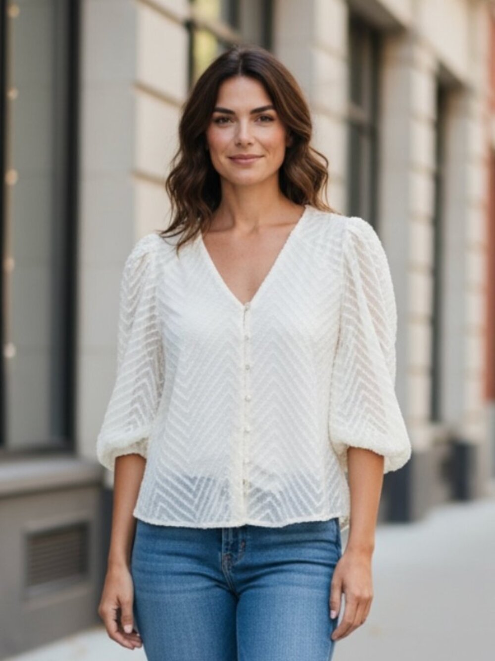 Dolan White Textured Sheer Blouse XXS Puff Sleeve Button Front Top